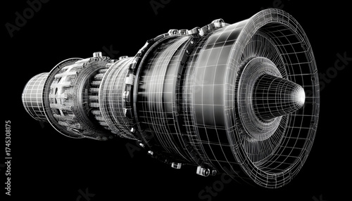 Jet engine wireframe turbine blueprint engineering aerospace technology 3D render power detail