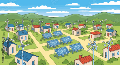 Sustainable Community Cartoon With Wind Turbines And Solar Panels