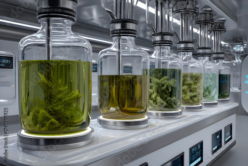 Biotech lab glass jar algae culture green liquid bioreactor sterile steel laboratory science research growing calmly
