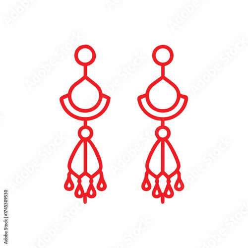 Red outline of a pair of dangling chandelier earrings on a white background dangling earrings