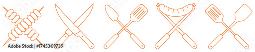 Collection of Crossed BBQ and Cooking Utensils with Food Icons