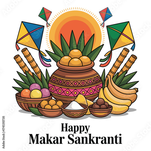 Colorful Makar Sankranti Vector Illustration in Flat Style.