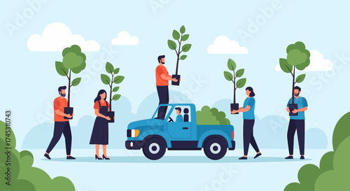 Teamwork For Planting Trees With A Truck For Environmental Project