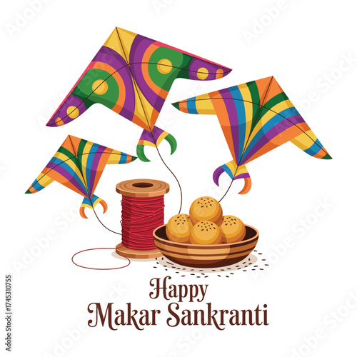 Colorful Makar Sankranti Vector Illustration in Flat Style.