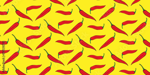 Vibrant Yellow Background with a Repeating Pattern of Red Hot Chili Peppers, Abstract Art