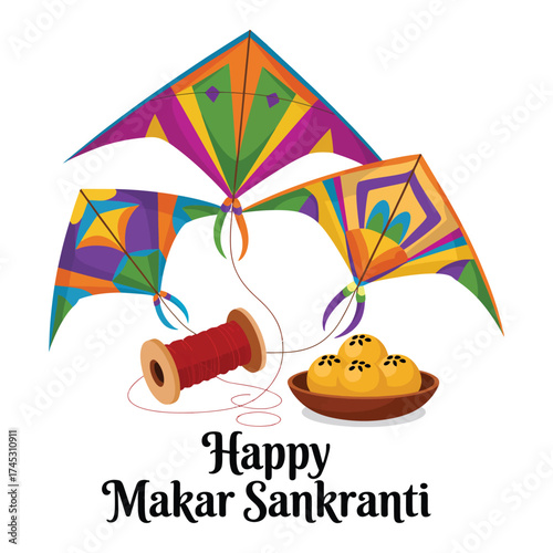 Colorful Makar Sankranti Vector Illustration in Flat Style.