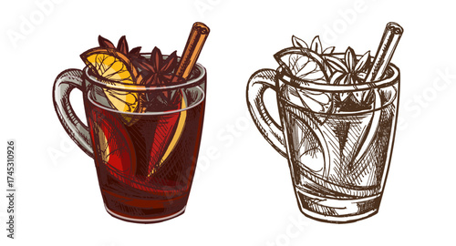 Hand drawn vintage sketch of mulled wine with orange slice and cinnamon in color and monochrome version