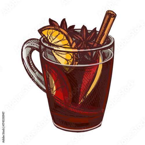 Hand drawn vintage sketch of mulled wine with orange slice, cinnamon and anise in clear glass cup