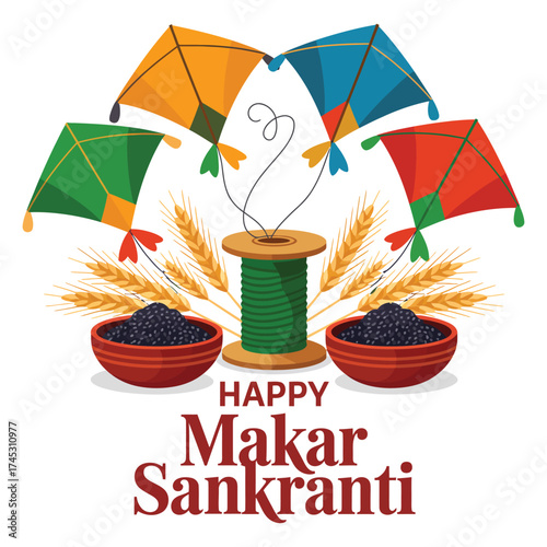 Colorful Makar Sankranti Vector Illustration in Flat Style.