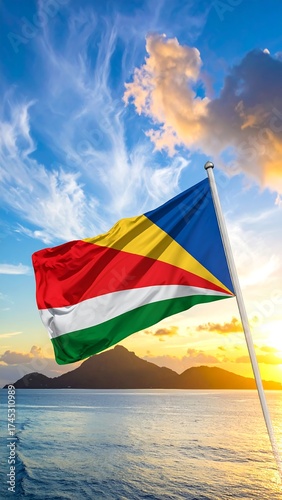 National flag of Seychelles at sunset over ocean (1)