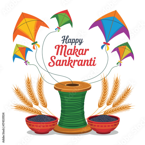 Colorful Makar Sankranti Vector Illustration in Flat Style.