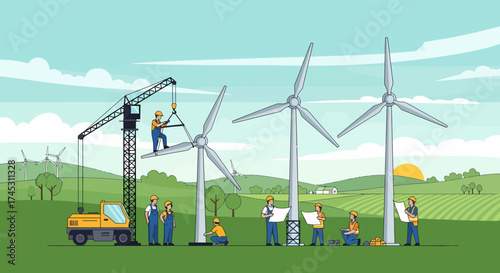 Wind Farm Construction With Team of Engineers And Crane Illustration