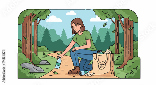 Woman Cleans Up Litter In Forest Environment Illustration