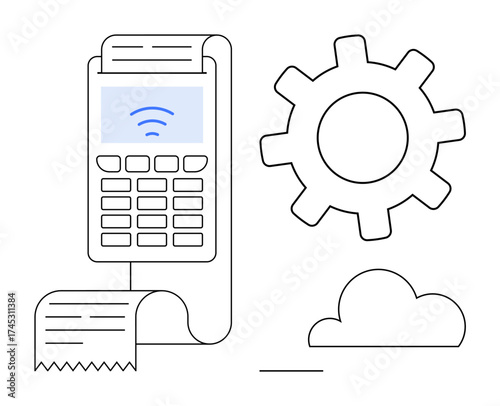 Payment terminal with receipt and wireless signal, gear representing settings and cloud for connectivity. Ideal for fintech, business, automation, cloud computing, system settings, technology