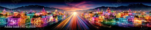 Vibrant Neon Cityscape at Sunset with Futuristic Lights and Mountains