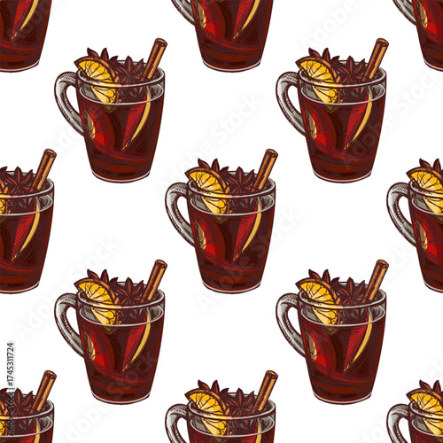 Hand drawn vintage seamless pattern of mulled wine with orange slice, cinnamon and anise in glass cup