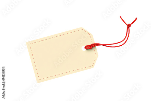 Blank beige gift tag with red string isolated on transparent background