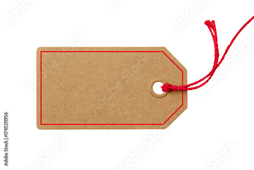 Blank brown cardboard tag with red border and string isolated on transparent background