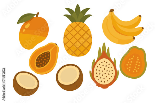 Vibrant set of exotic tropical fruits: mango, pineapple, bananas, papaya, coconut, and dragon fruit