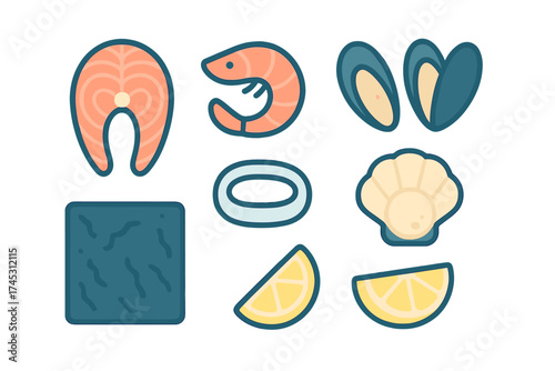 Fresh raw seafood ingredients set including salmon shrimp mussels and lemon slices