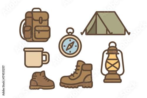 Essential outdoor adventure and camping equipment set featuring backpack, tent, compass, and boots