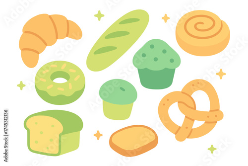 Stylized assortment of sweet and savory bakery items including bread, croissant, donut, and pretzel