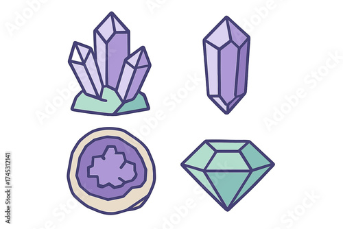 Colorful stylized crystals, raw minerals, faceted gemstones, and geode cross section