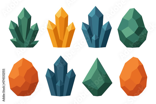 Collection of eight colorful geometric faceted crystals and raw gemstones