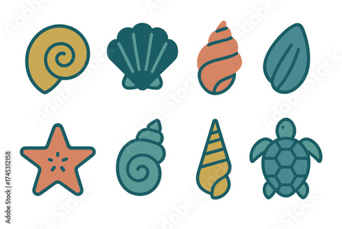 Collection of stylized marine life icons including various seashells starfish and sea turtle