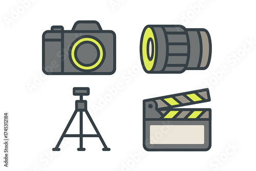 Camera lens tripod and clapperboard icons for film and photo production