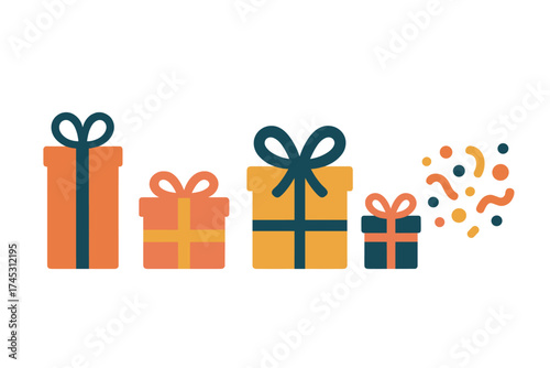 Assortment of colorful wrapped presents with decorative bows and confetti burst