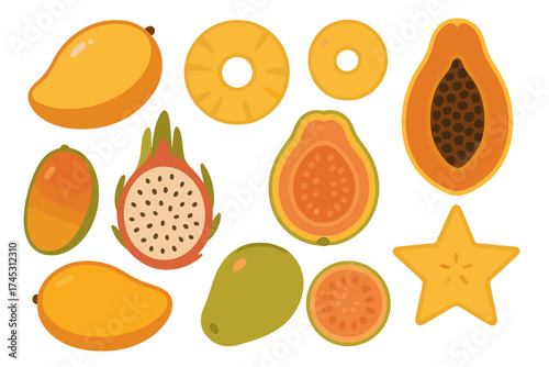Assortment of tropical fruits including mango, papaya, pineapple, and star fruit