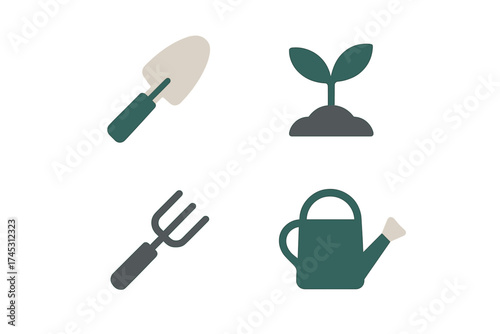 Set of four simple gardening tools and growing plant icons in muted colors