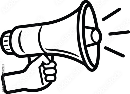 Hand holding vintage megaphone in sketch style. Announcement or Promotion Concept: Hand Holding Megaphone Outline.
