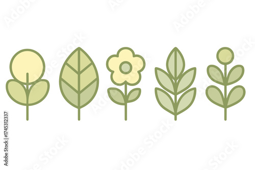 Set of simple stylized green plant and flower icons on white background