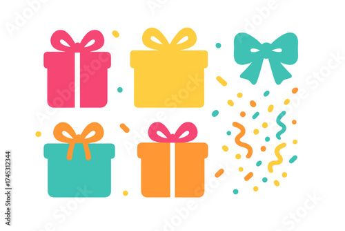 Colorful set of gift boxes with ribbons and falling confetti elements