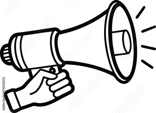hand holding megaphone bullhorn outline illustration, Hand Holding Megaphone Outline Vector Icon on Transparent Background.
