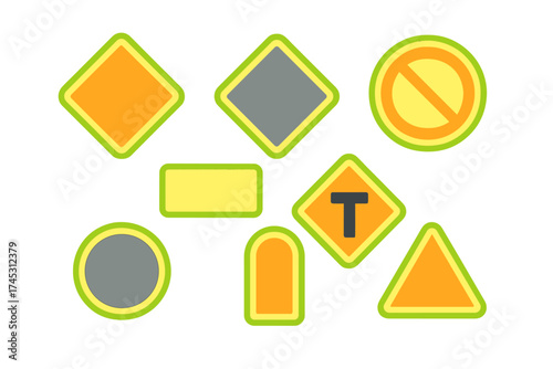 Collection of blank and symbolic traffic warning signs with rounded corners