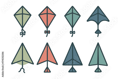 Eight stylized geometric kite icons in muted color palette