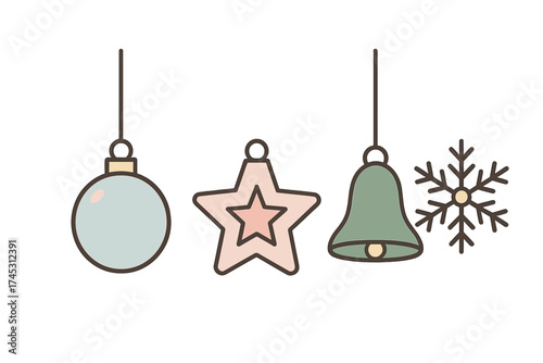 Assortment of hanging pastel Christmas ornaments: ball, star, bell, and snowflake shapes