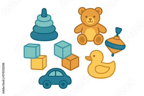 Assortment of classic colorful baby toys and play items