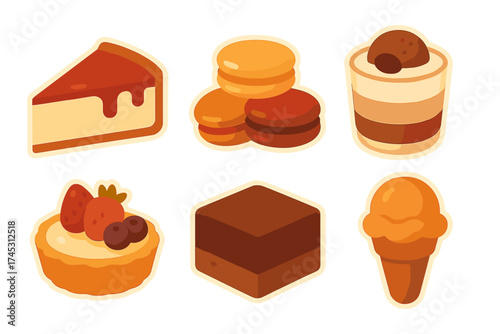 Assortment of sweet dessert icons including cake slice, macarons, parfait, tart, and ice cream