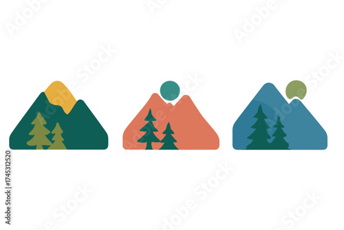 Stylized icons of mountain and forest landscapes with celestial elements