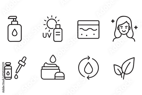 Skincare icon set illustrating moisturizing and hydration concepts for beauty products