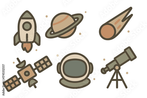 Stylized space exploration and astronomy icons featuring muted color palette