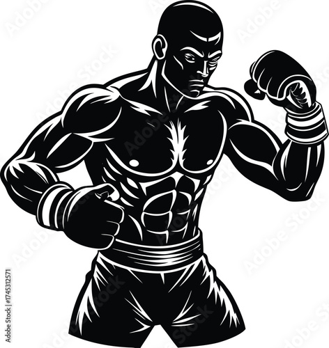 Boxer in fighting stance with gloves raised