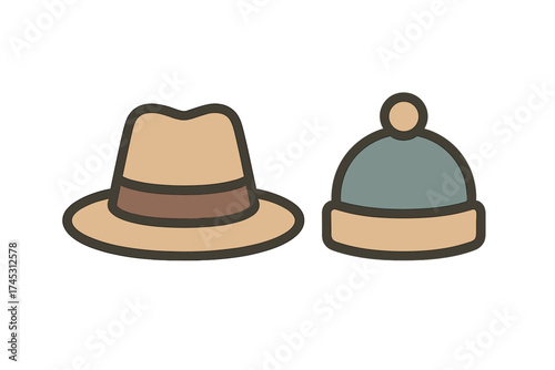 Classic fedora and knitted winter beanie hat icons collection