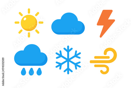 Six colorful weather condition icons for forecasting and meteorological applications