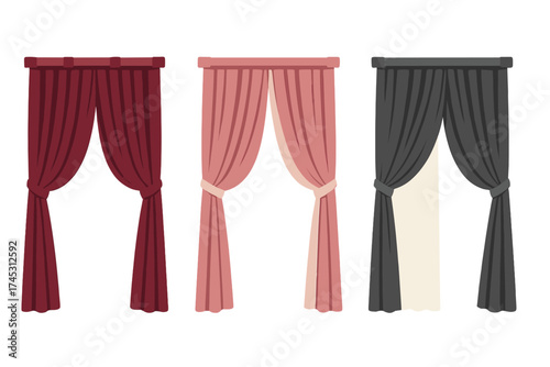 Three tied back window drapery panels in distinct colors