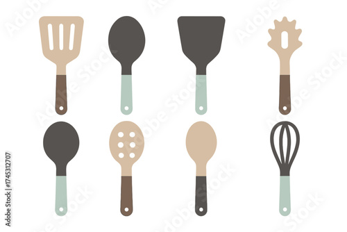 Modern kitchen utensils including spatulas spoons and whisk for cooking